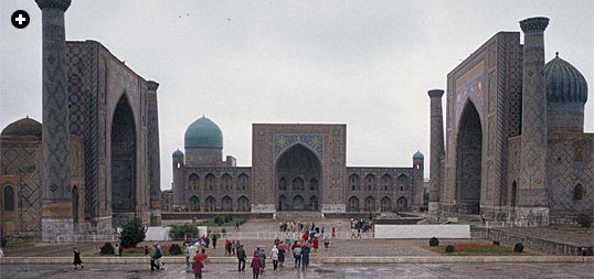 Samarkand's rain-swept Registan, Central Asia's noblest square. 