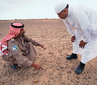 In the Mahazzat al-Sayd reserve, ranger Sfayed al-Bugami, left, and bird ecologist Mohammed al-Shobrak found tracks of the lappet-faced vulture that demonstrated that the bird is a predator as well as a scavenger.