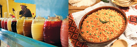 Opposite, top: Mexican aguas frescas are descendants of the sharbat of the East, the ancestor of “sherbet.” The jugs here likely include popular favorites such as watermelon, hibiscus, horchata, tamarind and—a favorite fruit in the early Islamic era—melon. Opposite, lower: “Spanish rice” is sopa seca, literally “dry soup,” a quintessentially Mexican dish that is descended from the Asian pilau (pilaf) in which the rice is first fried and then simmered in spiced or flavored water. 