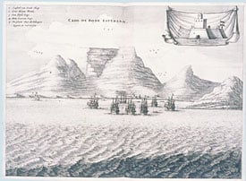 Sent to explore the African coast south of the Congo River, Bartolomeu Dias rounded the Cape of Good Hope in 1487 without sighting it. He did sight it—and named it the Cape of Storms—on his return voyage. Though not Africa’s southernmost point, the cape, where two powerful, swift-moving currents clash, was a formidable obstacle on the sea route to the East. The Dutch established a colony there in 1652; their ships can be seen in this print from 1668.
