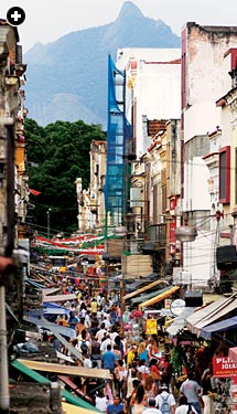An outdoor market runs through the heart of downtown Rio de Janeiro's Sahara district, settled by Arab immigrants.