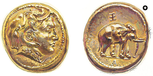 The Mir Zakah coin, believed to be the only lifetime portrait of Alexander the Great, clearly shows both the horn of Amon—indicating his status as a god—and the elephant scalp and the aegis that symbolized the divine intervention that won him victory at the Hydaspes River. With this artifact, for the very first time, we in the modern world can see Alexander as he saw himself. Ptolemy merely copied what his former sovereign had already coined.