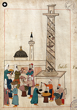 Venetians, Turks and others would have met in markets like this one in the Jerrahpasha district of Constantinople, across the Golden Horn from the Venetians’ trading centers. The spiral column shown in this illustration from a 16th-century Ottoman manuscript was erected in about 405 by the Eastern Roman emperor Arcadius.