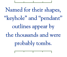 Named for their shapes, “keyhole” and “pendant” outlines appear by the thousands and were probably tombs.