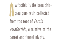 Asafoetida is the brownish-gray gum resin collected from the root of Ferula assafoetida, a relative of the carrot and fennel plants.