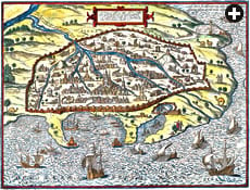 A thousand years later, a colored engraving shows a walled city with a harbor marked by the Pharos on the left and a fortress on the right.