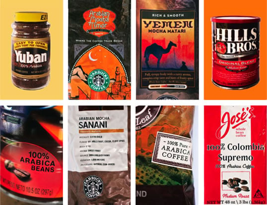 Turbaned “Arabs” may be gone, but fiery reds and earthy browns still characterize coffee branding, which still often romanticizes the Middle East and—more factually—highlights “Arabica” for quality.