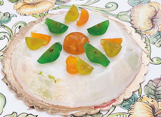 A creamy, molded confection of ricotta mixed with sweetened almond paste, or marzipan. 