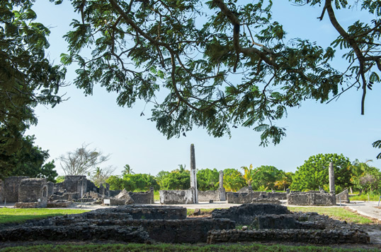 A few kilometers southeast of Bagamoyo lies the site of East Africa’s oldest known mosque, now-ruined Kaole, built out of coral stone by traders who arrived in 1250 ce from Shiraz (now in Iran). Their commerce first linked this coast to the Arabian Peninsula, Persia, India and China. 