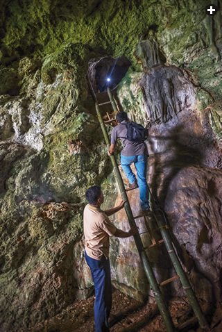 Los miembros de la expedición de cuatro días realizada por AramcoWorld a diez de las cuevas de Maros-Pangkep bajan por una escalera de bambú hacia el interior de la cueva Bulu Sipong.