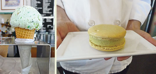 En los postres de occidente, los pistachos aparecen quizás con más frecuencia en los helados, en un cono simple o (a la derecha) en un sándwich de helado adornado, como los que produce aquí Ginger Elizabeth Chocolates en Sacramento, entre macarons franceses hechos de harina de almendra, azúcar y claras de huevo.