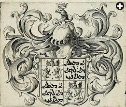 El escudo de armas creado en honor a Ma'ani della Valle, quien murió en Minab, cerca de Ormuz, en 1621, a la edad de 23 años, abre el volumen de conmemoración producido para su funeral, celebrado en Roma en 1626. La inscripción en siriaco dice: "La sirviente / de Dios / Ma'ani".