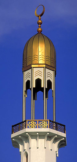 The gold-capped minaret of Sultan Thakorotuan Mosque in Male, capital of the Maldives.