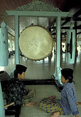 This large gong - a reminder of Southeast Asia's pre-Islamic past - is used to accompany the standard Muslim call to prayer at the Masjid Agung in Demak, once the capital of Java's first Islamic kingdom. 