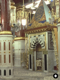 The interior of the Prophet's Mosque at Madinah with its qiblah, or prayer niche, which indicates the direction of Makkah. 