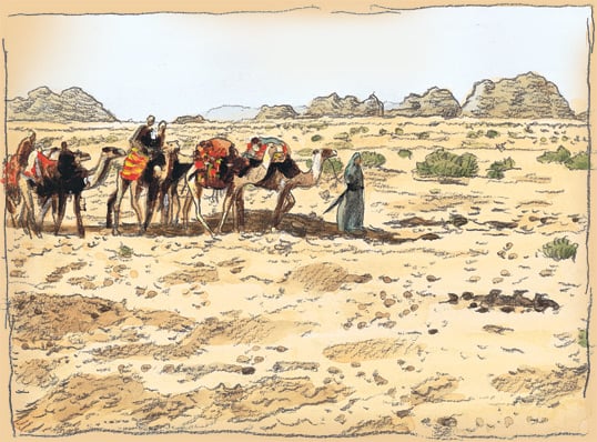 Ibn Battuta does not hint at the size of the annual pilgrimage caravan by which he traveled from Damascus to the Holy Cities of Madinah and Makkah, except at one point to refer to it as “huge.” He describes how it replenished its water supplies in what is now northwestern Saudi Arabia: “Each amir or person of rank has a [private] tank from which his camels and those of his retinue are watered, and their waterbags filled; the rest of the people arrange with the watercarriers [of the oasis] to water the camel and fill the waterskin of each person for a fixed sum of money. The caravan then sets out from Tabuk and pushes on speedily night and day, for fear of this wilderness.”