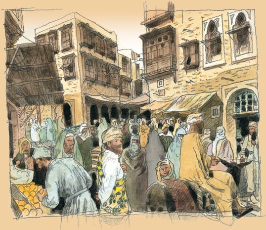 Nowhere in the 14th-century world was the mix of people more diverse than in the busy streets of Makkah, for pilgrims often financed their journeys by trade in the city’s markets before and after the days of the annual Hajj. Ibn Battuta found a convivial civic spirit: “The citizens of Makkah are given to well-doing, of consummate generosity and good disposition, liberal to the poor...and kindly toward strangers.... When anyone has his bread baked [at a public oven] and takes it away to his house, the destitute follow him and he gives each one of them whatever he assigns to him, sending none away disappointed.... The Makkans are elegant and clean in their dress, and as they mostly wear white their garments always appear spotless and snowy. They use perfume freely, paint their eyes with kohl, and are constantly picking their teeth with slips of green arak-wood.”