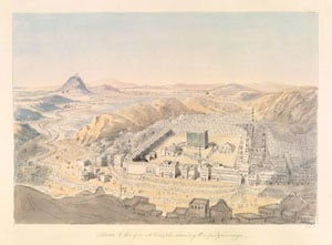 A view of Makkah in the early 19th century by Charles Hamilton Smith, an English officer and artist who is not known to have visited the Arabian Peninsula and who thus probably drew this from other sources.