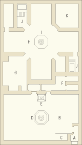 Floor plan of a Cairo hammam, after Edward Lane. A: entrance; B: meslakh, or reception and retiring room; C: mallim’s station; D: cold fountain; E: coffee stall; F: toilet; G: first steam room; H: hararah, or central steam room; I: faskeeyah, or hot fountain; J: maghtas, or plunging pool; K: boiler room.