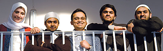emel’s staff, from left: Sarah Joseph, editor; Ruh al-Alam, designer; Mahmud al-Rashid, publisher; Omair Barkatulla, senior designer; Rajul Islam Ali, art director.