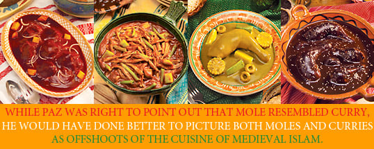 WHILE PAZ WAS RIGHT TO POINT OUT THAT MOLE RESEMBLED CURRY, HE WOULD HAVE DONE BETTER TO PICTURE BOTH MOLES AND CURRIES AS OFFSHOOTS OF THE CUISINE OF MEDIEVAL ISLAM.