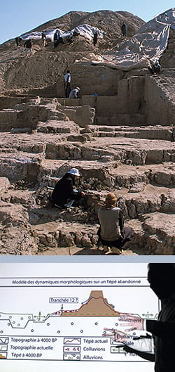 An Iranian archeologist and local workers dig on the west side of Jiroft’s second mound, Konar Sandal B.