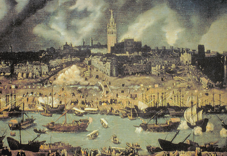 This view of the port and city of Seville near the end of the 16th century is said to be work of Spanish court painter Alonso Sánchez Coello.