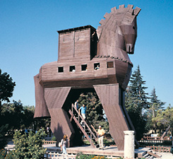 It is not in Homer’s Iliad that the tale of the Trojan Horse appears, but only in Virgil’s Aeneid, which was written much later, in 19 bc. A replica of the famous hollow horse now stands at the entrance of the old city for the amusement of tourists. 