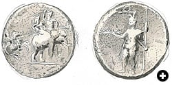 Most of the decadrachm Alexander medallions are in private hands, lost to researchers. (This illustration is drawn from several museum specimens.) On one side, a rider chases retreating war elephants. On the other, Alexander, in military dress, clutches a lightning bolt, the symbol of his “divine father,” Zeus. Many of the coins have been found near Susa, in modern Iran, where accounts tell of an enraged Alexander throwing silver to his hungry horses. Actual size of the medallion is 34 millimeters (1 3/8 ") in diameter, comparable to a US half-dollar.