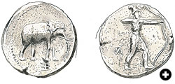 Smaller tetradrachm medallions have been found as well. Some show a riderless elephant on one side and, on the other, an archer whose bow and headdress mark him as part of the Indian forces Alexander defeated at the Hydaspes River. The initials “AB” may stand for Abulites, the Persian guardian of Alexander’s royal treasury at Susa. Actual size of this piece is comparable to a us quarter or a two-Euro coin.
