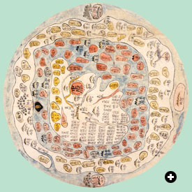 A Korean world map, above, of a type whose religious and cosmological content goes back to mid–fourth-century China, is centered on the legendary Mount Meru in Central Asia.