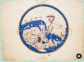 The map of al-Idrisi dates from 1154, and is oriented with south at the top. Note how the east coast of Africa in this map also turns east but does not connect with China; rather, it opens into the “All-Encompassing Ocean.” Thus in the Ptolemaic view, circumnavigation of Africa is impossible, while in al-Idrisi’s view it is technically possible, though too daunting to undertake.