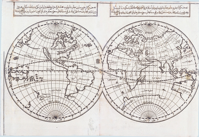 A 1728 hemispheric world map by Ibrahim Müteferrika clearly shows the full shape of South America and some knowledge of Antarctica, while displaying uncertainty regarding western North America, Japan and Australia.