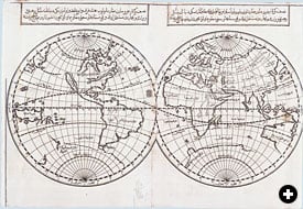 A 1728 hemispheric world map by Ibrahim Müteferrika clearly shows the full shape of South America and some knowledge of Antarctica, while displaying uncertainty regarding western North America, Japan and Australia.
