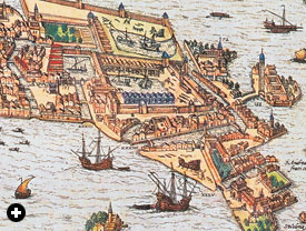 A detail from a 1572 engraving of Venice shows the city’s famous arsenal with its shipbuilding assembly line. “In the Venetians’ arsenal…boils through wintry months tenacious pitch,” wrote Dante. “One [workman] hammers at the prow, one at the poop, this shapeth oars, that other cables twirls, the mizzen one repairs, and mainsail rent.”
