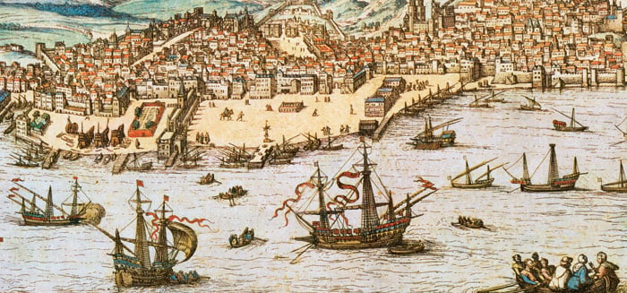 Lisbon was neither large nor prosperous when the Portuguese began their 80-year push around Africa, yet by the time this engraving was made in 1572, it had grown wealthy on its new monopoly of Europe’s route around the Cape of Good Hope to the Indian Ocean.