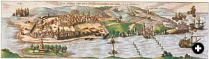 Albuquerque’s armada bombards Goa, an event that actually happened the year after the date on this engraving. The impediments in the channel (foreground) may have been defenses against his ships. Goa’s shipyards can be seen to the right of the town, enclosed by a wall that runs down into the channel.