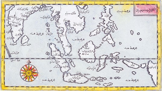 This map of the Indian Ocean and the China Sea was engraved in 1728 by the Hungarian-born Ottoman cartographer and publisher Ibrahim Müteferrika; it is one of a series that illustrated Kâtib Çelebi’s Cihannuma (Universal Geography), the first printed book of maps and drawings to appear in the Islamic world.