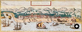 A panorama of Calicut, on the Malabar coast, shows several types of ships, shipbuilding, net fishing, dinghy traffic and a rugged, sparsely populated interior. 