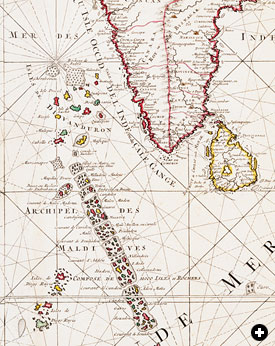 This detail from an 18th-century map by Pierre Mortier of The Netherlands names several dozen of the Maldive Islands off the southwestern coast of India.