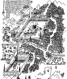 This Chinese plan of Makkah dates from the early 19th century, and it was probably produced for the use of Chinese pilgrims. With buildings carefully drawn and major sites labeled in both Chinese and Arabic, it is a valuable rendering of the pre modern city.