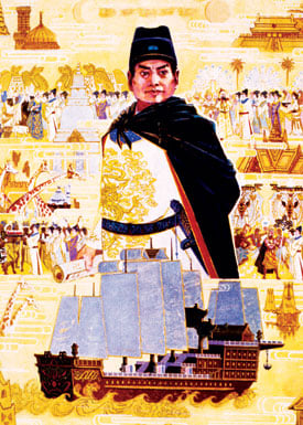 A modern illustration shows Zheng He and one of the giant, nine-masted “treasure ships” in which he made seven voyages around the Indian Ocean, traveling as far west as Jiddah, trading and collecting tribute. Had the voyages not been abruptly curtailed by a change of government policy, Chinese influence in the Indian Ocean might have countered that of Portugal.