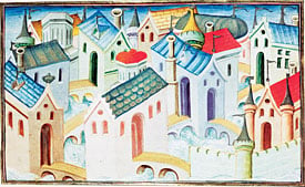 How far into China Ibn Battuta traveled during his few months there is debatable. He claimed he reached Beijing, but his description of it is uncharacteristically thin. This painting from the early 15th century shows the houses of Kinsai, China, with characteristically curved roofs and bridges over canals. 