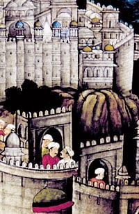 This detail is from a 1598 painting in the manuscript of the "Baburnama," and it shows the walls of Gwalior. NATIONAL MUSEUM, DELHI / JEAN-LOUIS NOU / AKG-IMAGES