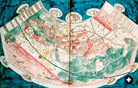 A map of the world based on a description by Claudius Ptolemaeus of Alexandria (Ptolemy), who lived in the early second century of our era. The Arabian Peninsula and the Red Sea lie just left of center. Note how the east coast of Africa curves eastward to connect, at far right, with China, thus making the Indian Ocean an enclosed sea. 