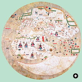 The mid–15th-century Catalan map below is similarly centered on Jerusalem, but includes reasonably accurate information on the African coast and interior as far south as knowledge of the period reached. Southward of that, the cartographer did his best to harmonize scanty fact and plausible geographical theory.