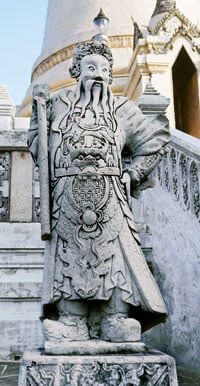 This statue of Marco Polo stands in Bangkok. It depicts him dressed and whiskered as he may perhaps have been at the court of Khubilai Khan, whom he served for 17 years before returning to Venice.