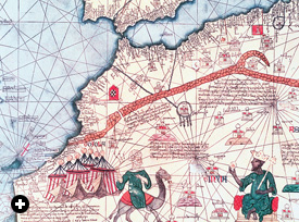 Mansa Musa, shown crowned at right, was the ruler of the vast Mandingo kingdom of Mali. From the mines of West Africa he amassed legendary amounts of gold, which his subjects traded for salt, weight for weight. This is a detail from the Catalan Atlas, which was produced in 1375. Note how abruptly the mapmakers’ knowledge of the details of the African coast ends.