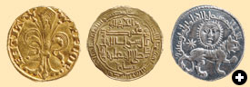 Left: Venice struck its first gold ducat in 1282. Within 150 years Venetian ducats had become a widely used currency in much of the Middle East. Center: Muslim rulers had been minting gold dinars since the late seventh century; this one was issued in the mid-13th century by al-Musta‘sim, the last Abbasid ruler of Baghdad. Right: This silver dirham was struck at Sivas, in today’s Turkey, in 1241 or 1242.