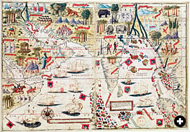 This panel of the so-called “Miller Atlas,” showing the Indian Ocean, was produced in 1519, soon after the expeditions of da Gama, Cabral and Albuquerque. 